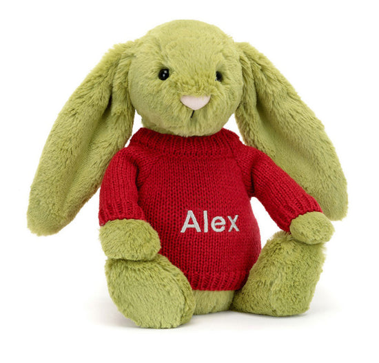 Jellycat Bashful Moss Bunny With Personalised Red Jumper (Retired Design)