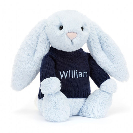 Load image into Gallery viewer, Jellycat Bashful Blue Bunny With Personalised Navy Jumper
