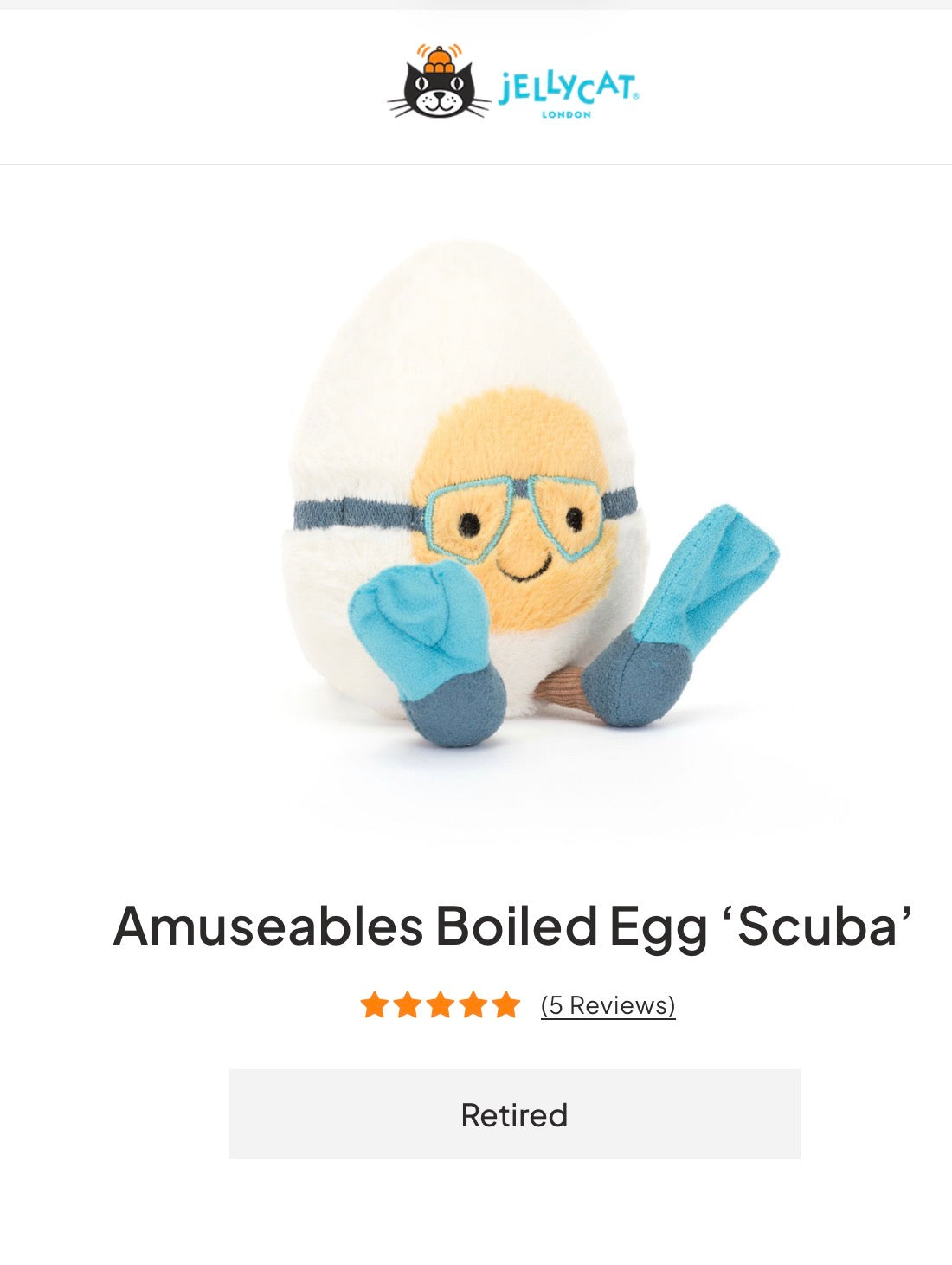 Jellycat Amuseables Boiled Egg ‘Scuba’ (Retired & Rare)