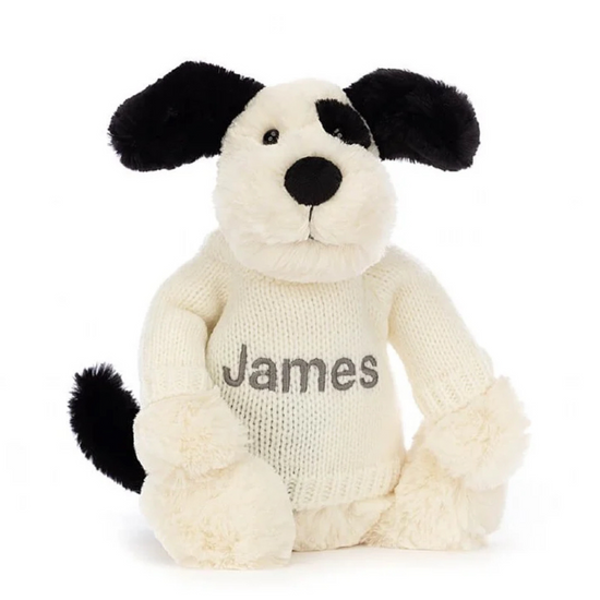 Bashful Black & Cream Puppy With Personalised Navy or Cream Jumper