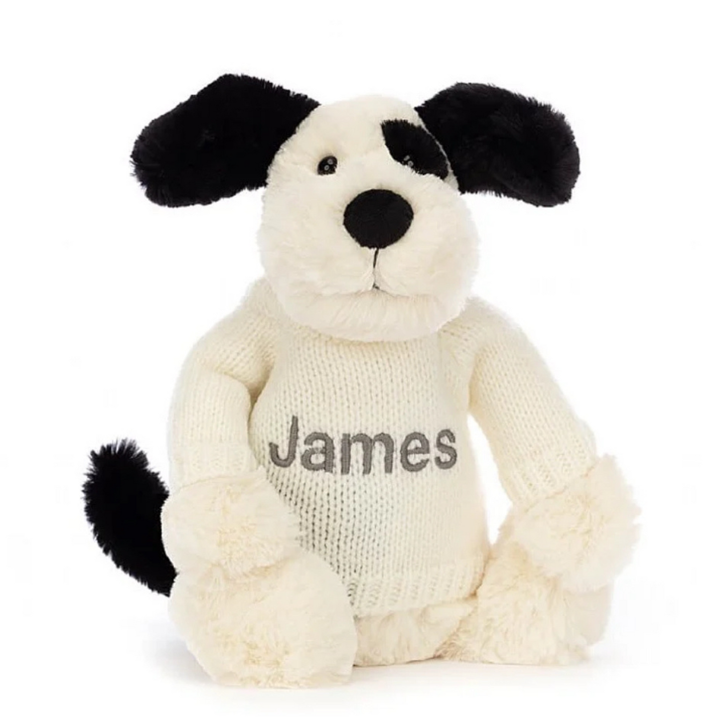 Jellycat Bashful Black & Cream Puppy With Personalised Cream Jumper