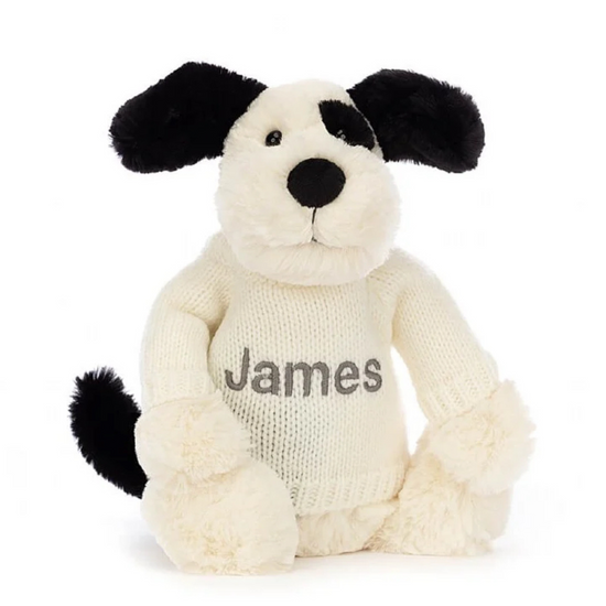 Load image into Gallery viewer, Bashful Black &amp;amp; Cream Puppy With Personalised Cream Jumper
