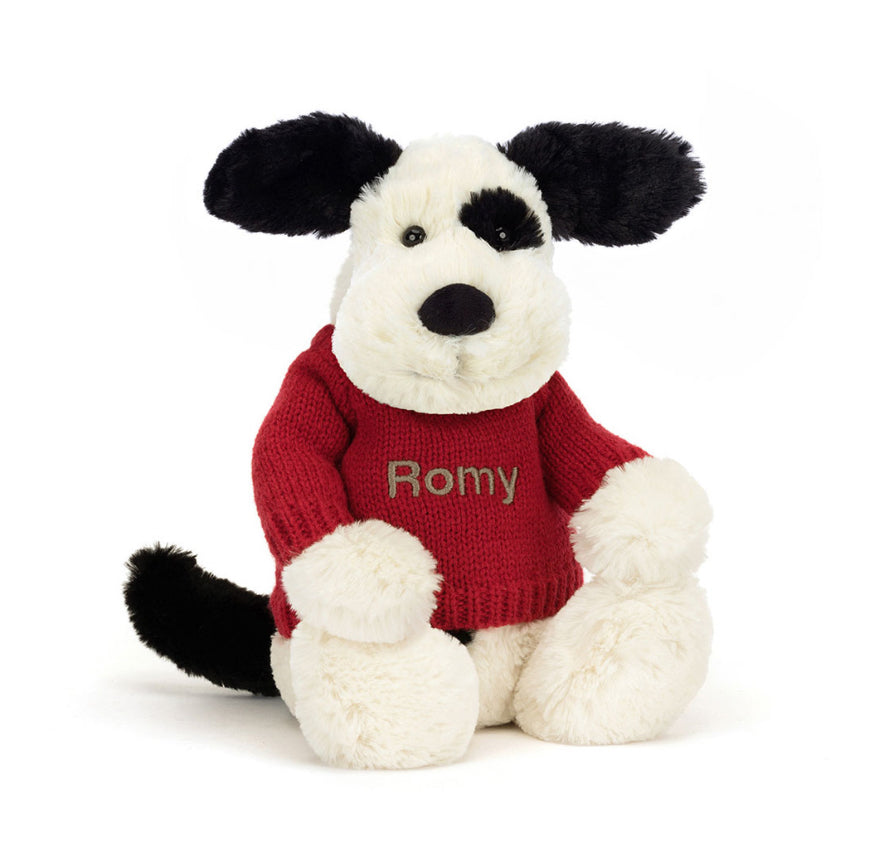 Jellycat Bashful Black Cream Puppy With Personalised Red Jumper Stork in the City