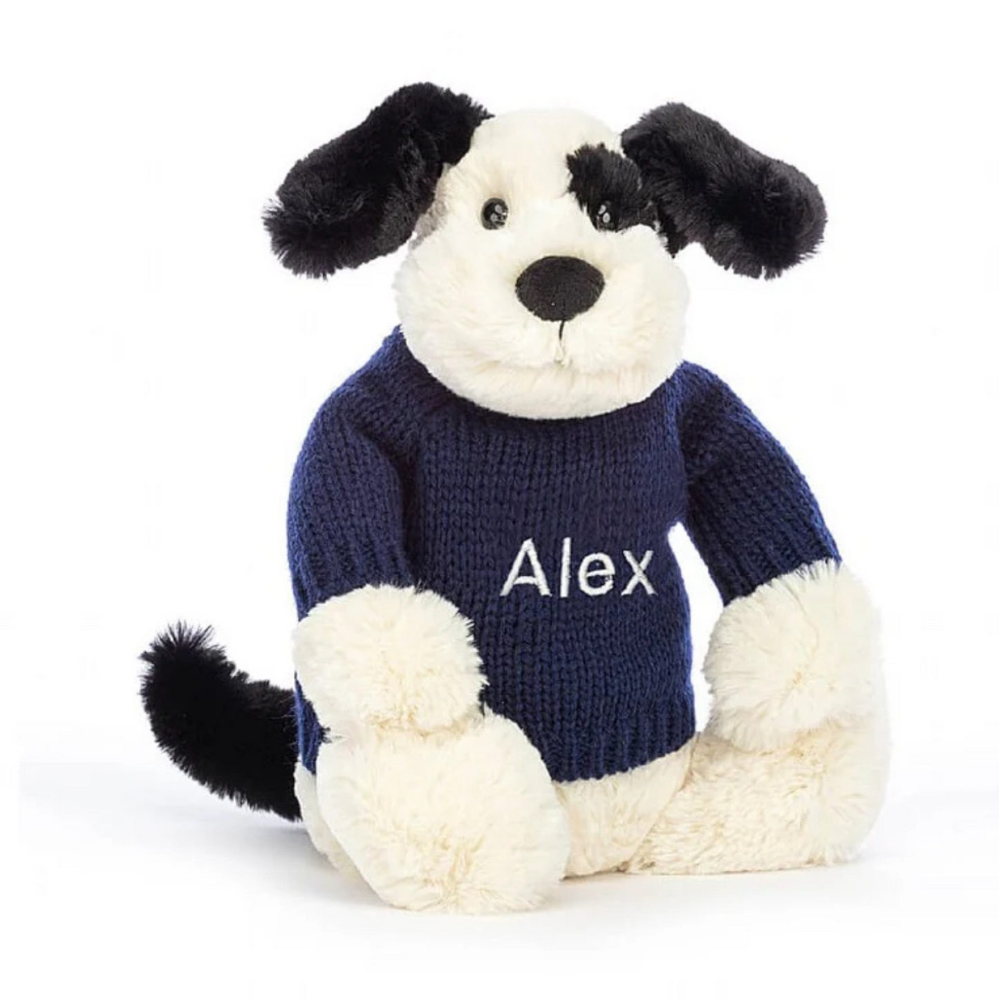 Bashful Black & Cream Puppy With Personalised Navy or Cream Jumper