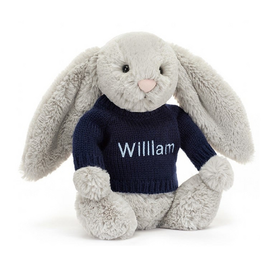 Jellycat Bashful Silver Bunny With Personalised Cream Jumper