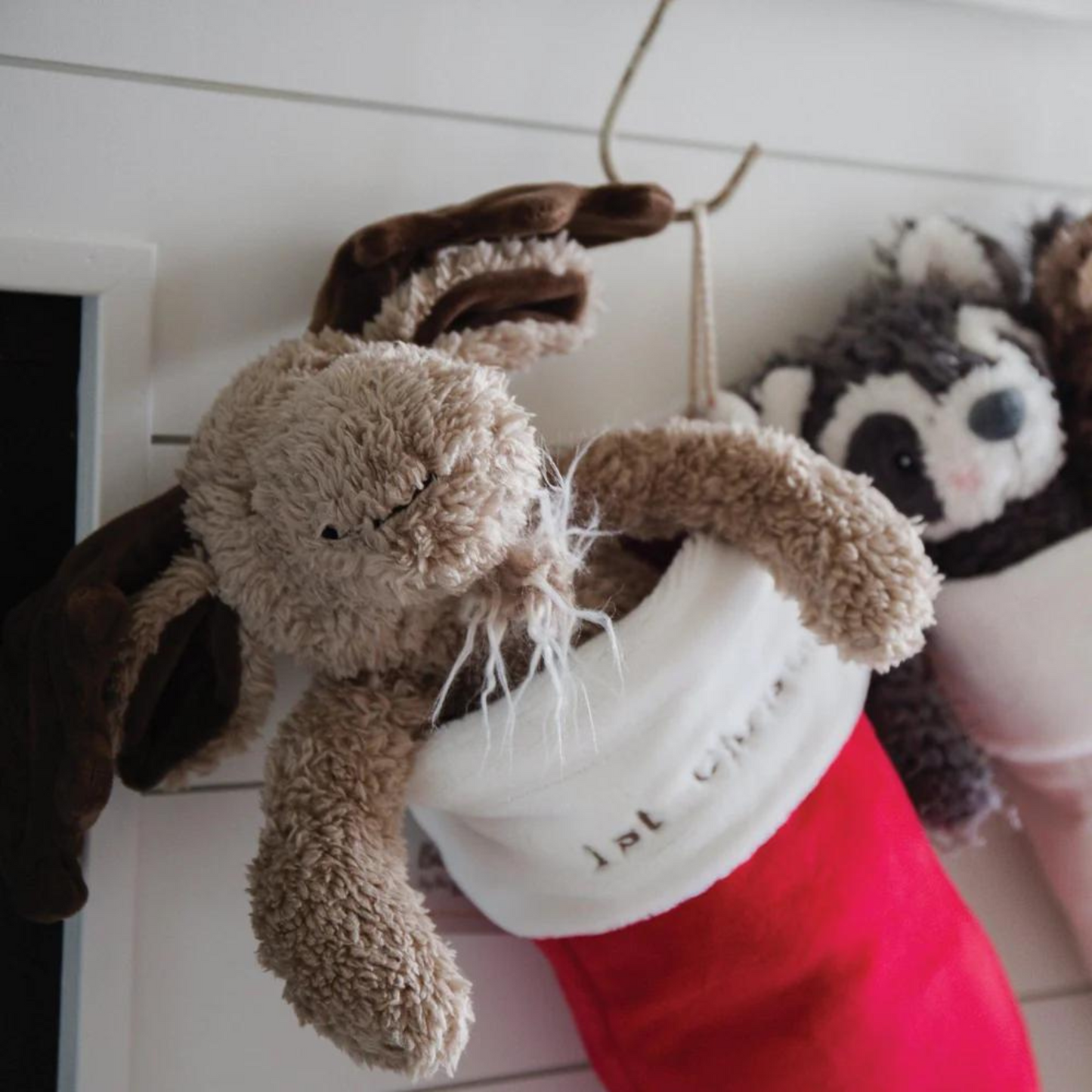 Bunnies By The Bay Red and White Faux Fur Holiday Stocking