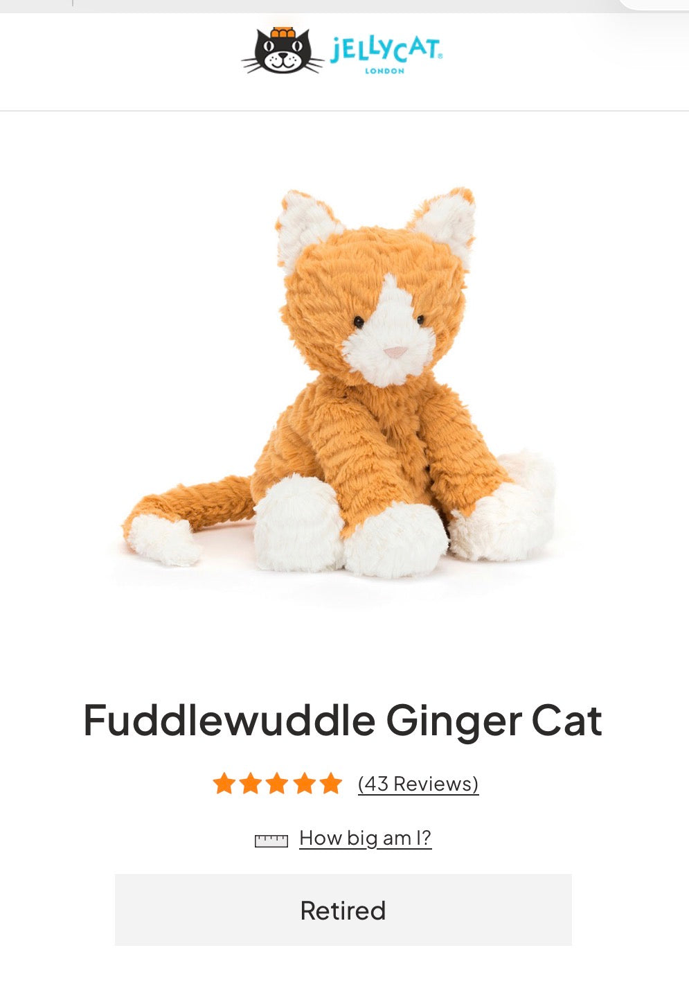 Jellycat Fuddlewuddle Ginger Cat (Retired and Rare)
