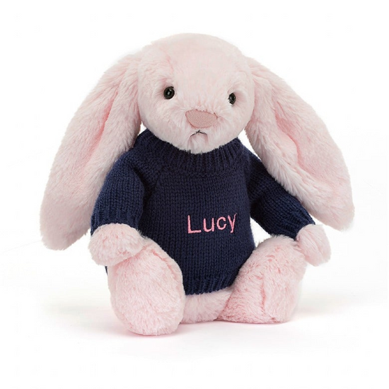 Jellycat Bashful Pink Bunny With Personalised Navy Jumper