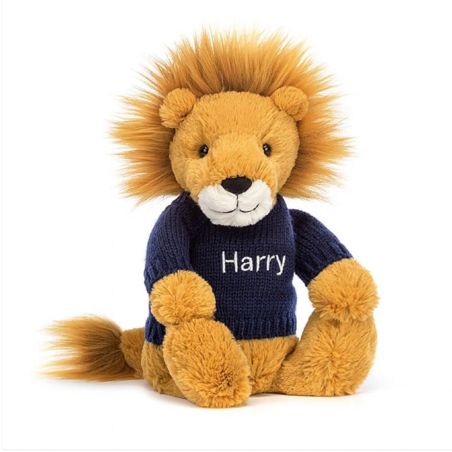 Jellycat Bashful  Lion With Personalised Navy Jumper