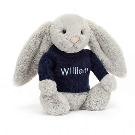 Jellycat Bashful Silver Bunny With Personalised Cream Jumper