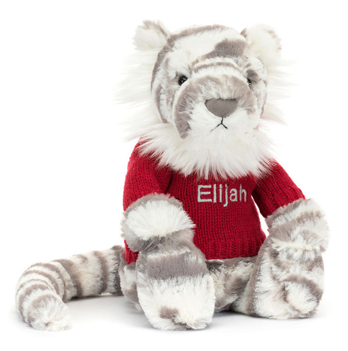 Jellycat Bashful Snow Tiger With Personalised Red Jumper