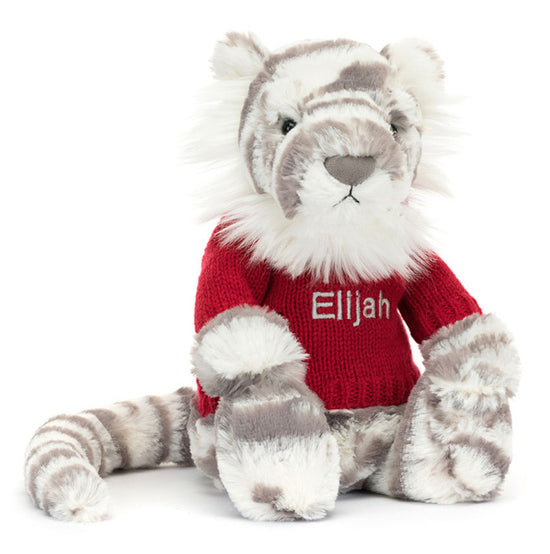Jellycat Bashful Snow Tiger With Personalised Red Jumper