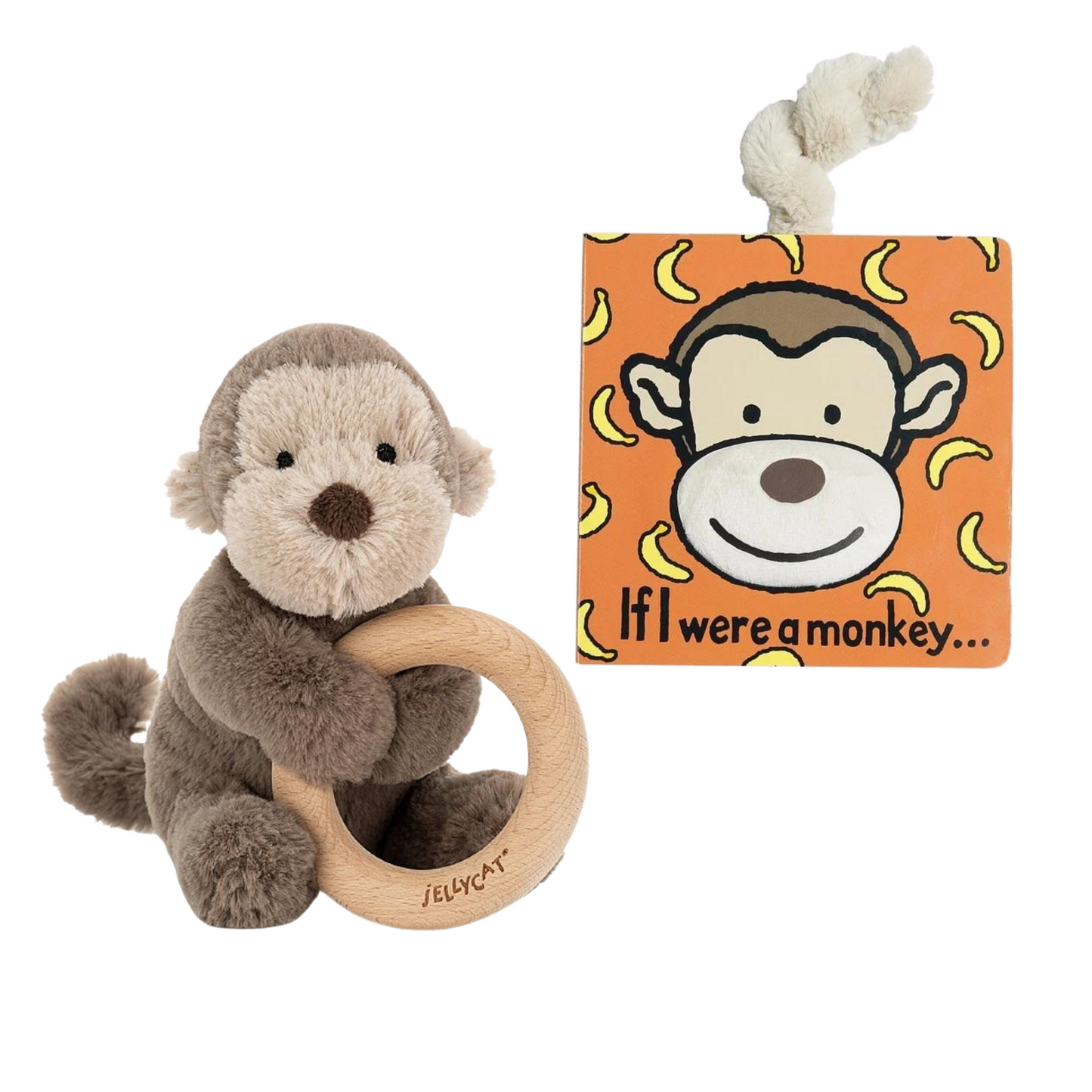 Jellycat If I Were A Monkey Book and Shooshu Bashful Monkey Wooden Ring Teether Toy