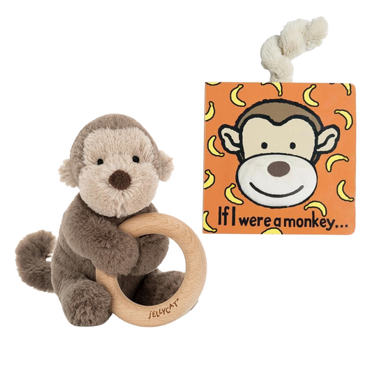Jellycat If I Were A Monkey Book and Shooshu Bashful Monkey Wooden