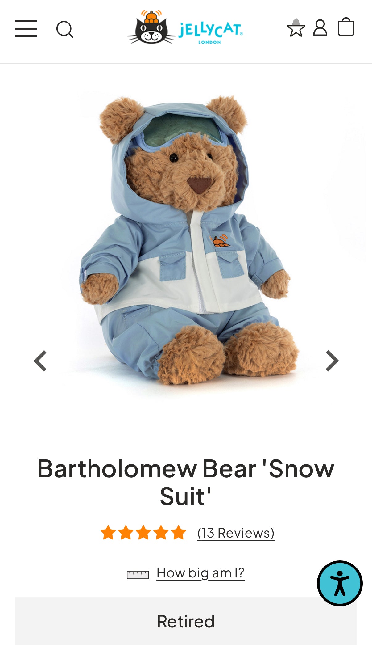 Jellycat Bartholomew Bear Snow Suit (Retired)