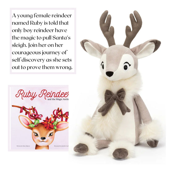 Jellycat Medium Joy Reindeer and Ruby Reindeer Book.