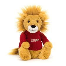 Jellycat Bashful Lion with Personalised Red Jumper