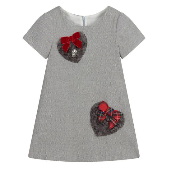 Balloon Chic Red Tartan & Grey Faux Fur Hearts Jewelled Dress
