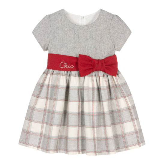 Balloon Chic Girls Grey & Red Cotton & Velvet  Diamonte Check Dress