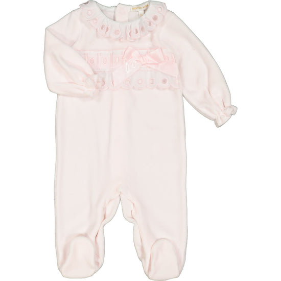 Luxury Pink Velour Footsie with Lace Frill and Bow