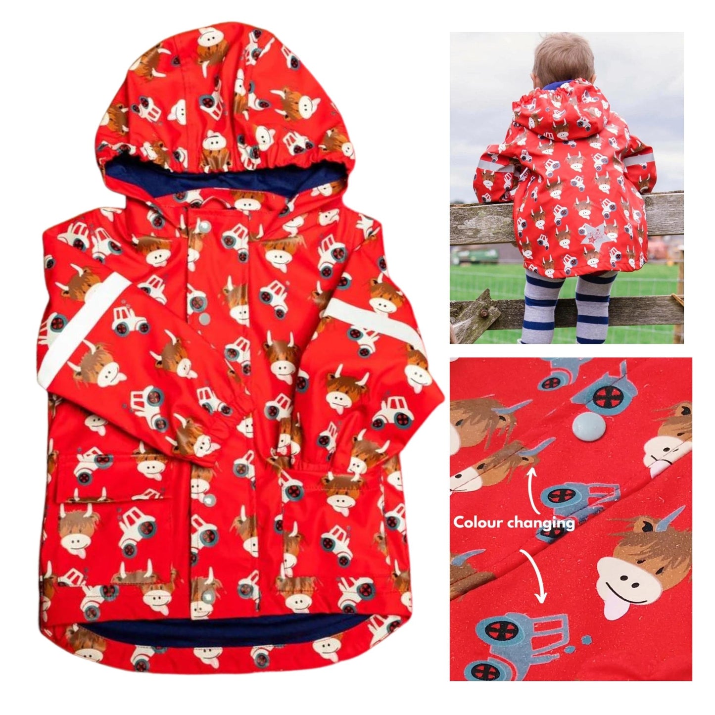Load image into Gallery viewer, Blade and Rose Red Highland Cow Colour Changing Raincoat
