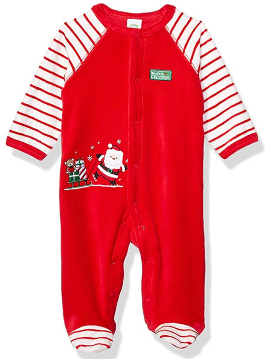 Load image into Gallery viewer, Little Me My First Christmas Santa Velour Footie Broad Stripes
