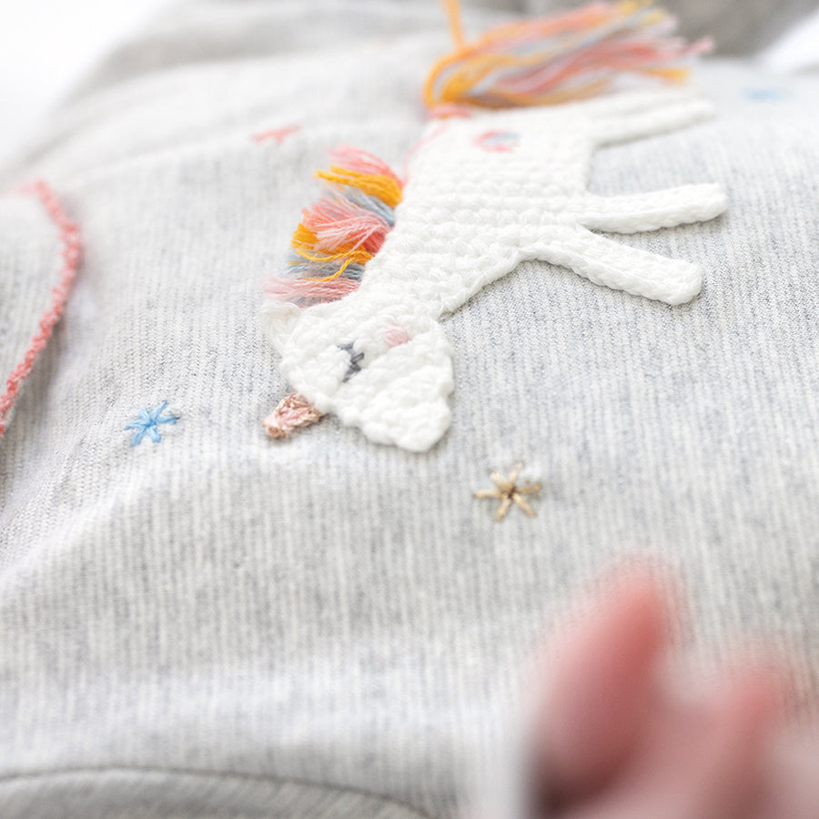 Albetta Crochet Unicorn Grey Marl Lurex Babygro