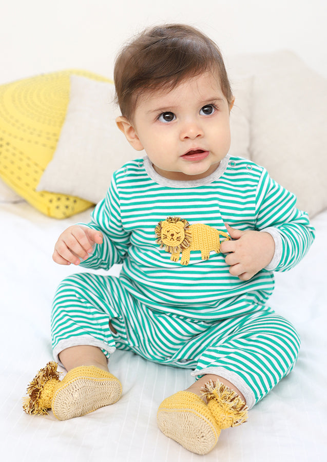 Crochet Leo Lion Green Stripe Babygrow