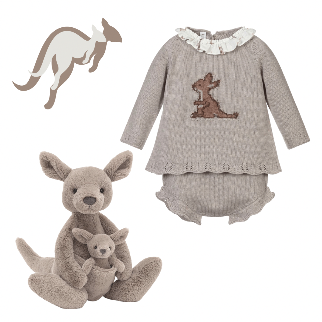 Paloma de la O Beige Knitted Baby Shorts Set with Jellycat Kangaroo Stork in the City