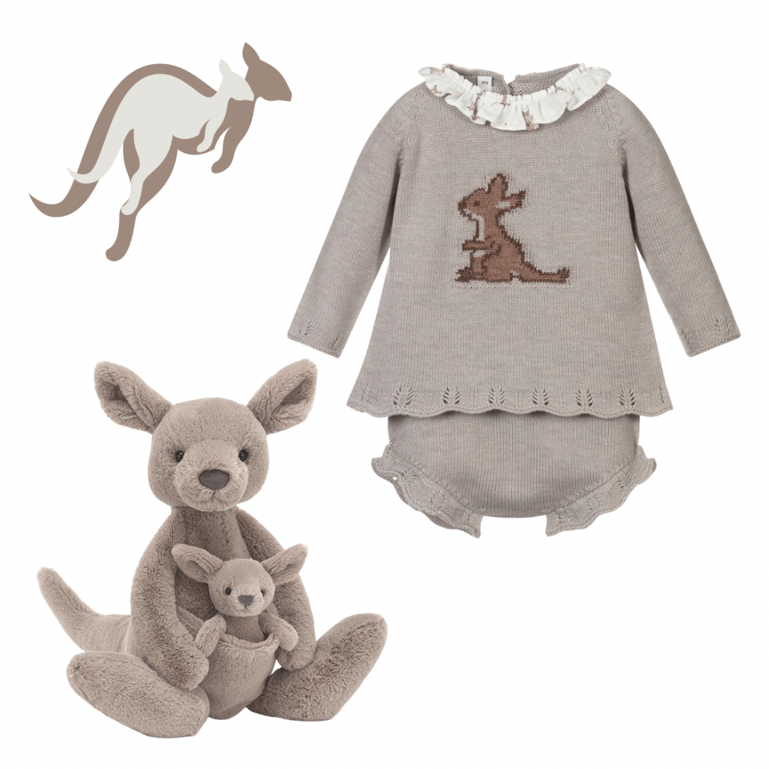 Paloma de la O Beige Knitted Baby Shorts Set with Jellycat Kangaroo