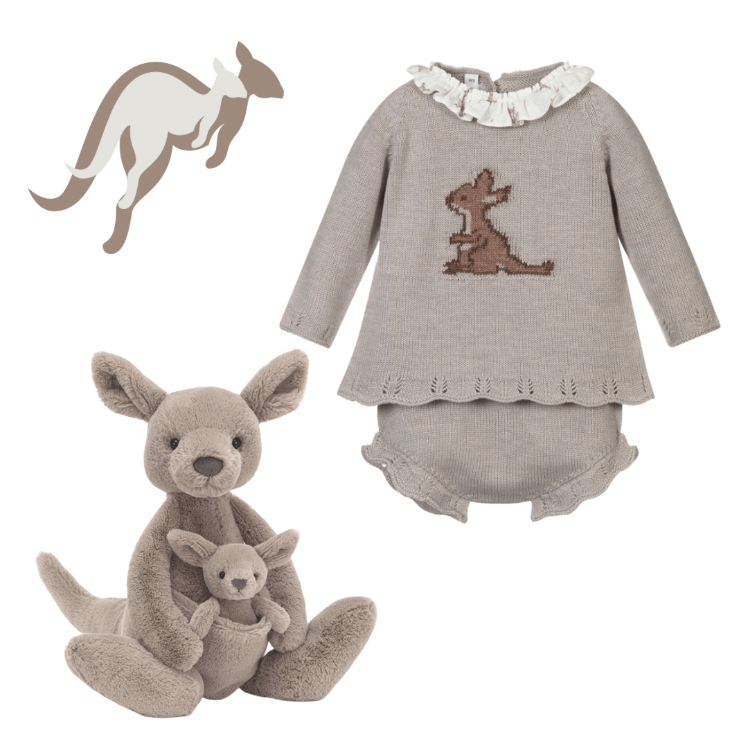 Load image into Gallery viewer, Paloma de la O Beige Knitted Baby Shorts Set with Jellycat Kangaroo
