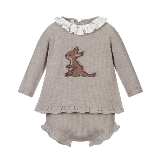 Paloma de la O Beige Knitted Baby Shorts Set with Jellycat Kangaroo