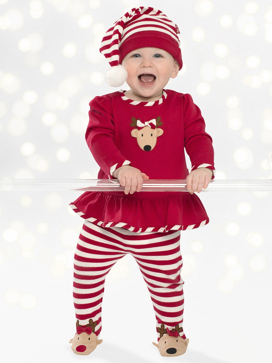 Le Top Baby Reindeer Cheer Swing Top & Footed Stripe Pants