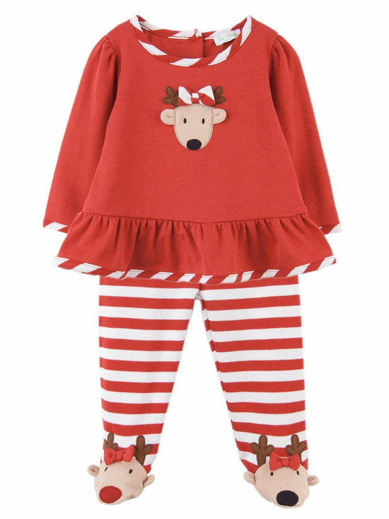 Le Top Baby Reindeer Cheer Swing Top & Footed Stripe Pants